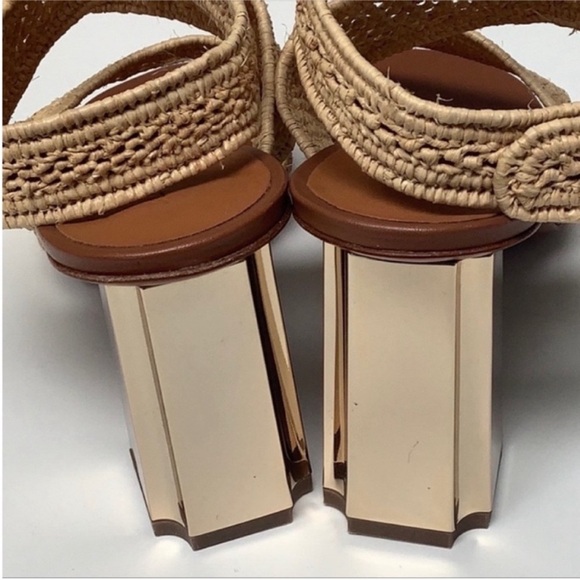 Robert Clergerie Natural Raffia Ankle Wrap Gold Block Heel Sandals 9 - Picture 7 of 9